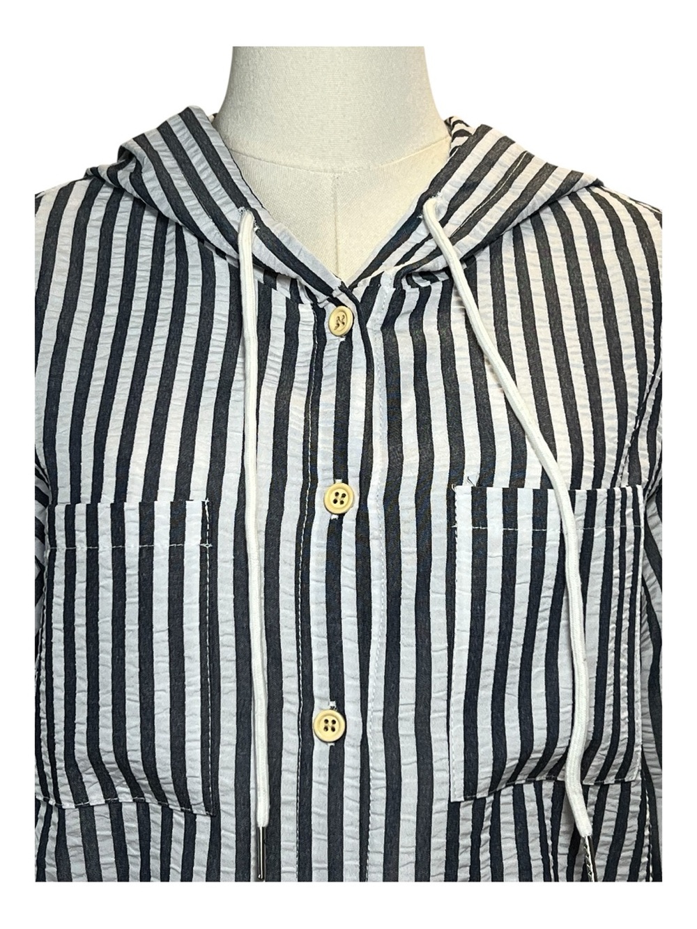 NWOT grayish blue & white striped hooded button-up shirt jacket | size S - Picture 2 of 10